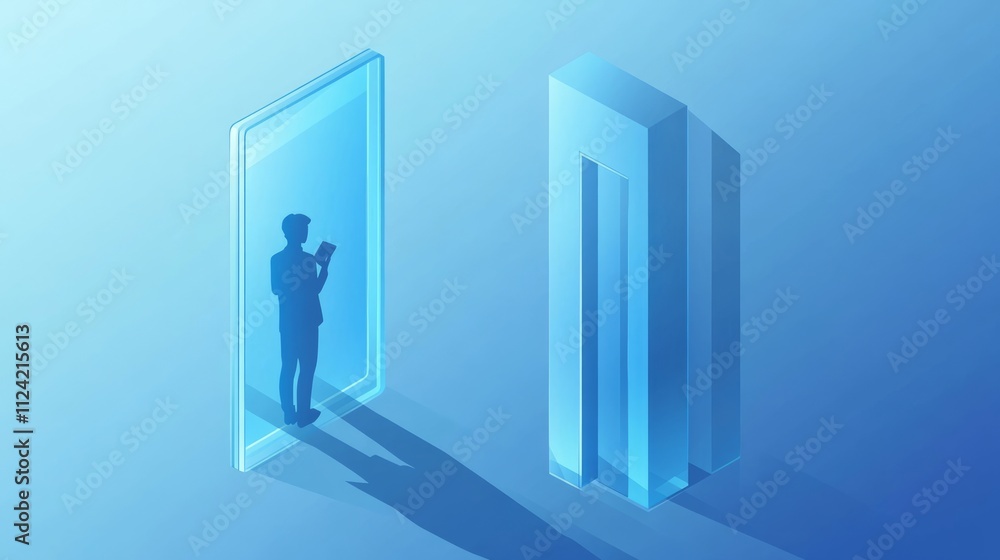 Poster man using digital device near futuristic portal.