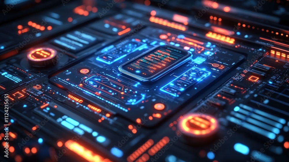 Poster futuristic circuit board with glowing components and data flow.
