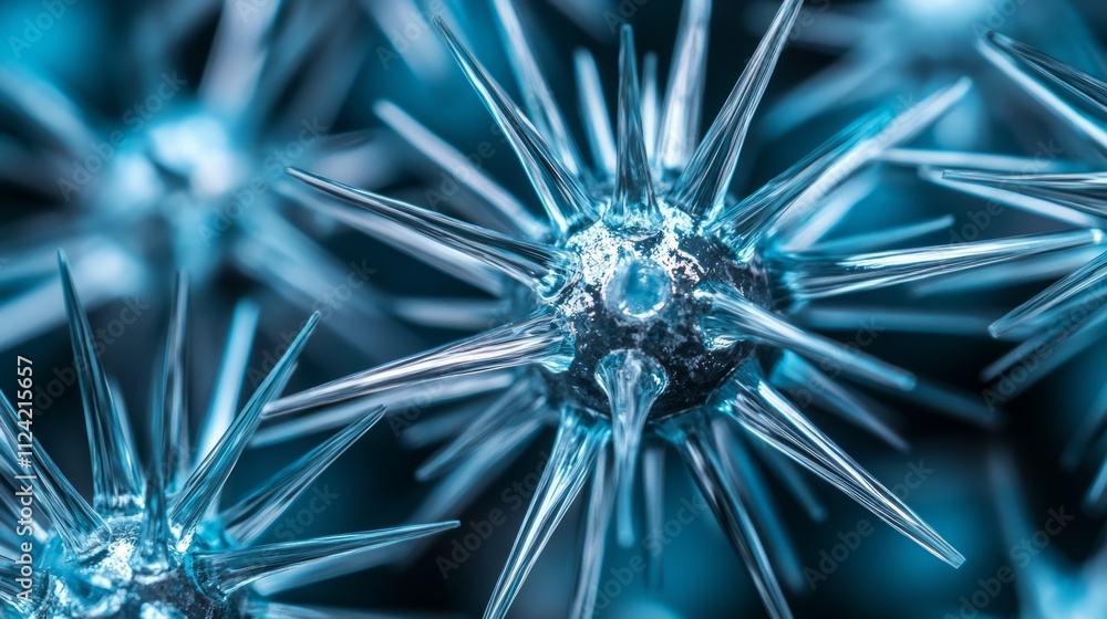 Poster microscopic view of spiky virus particles.