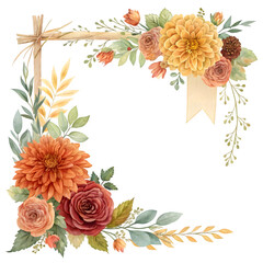 Autumn floral corner border with dahlia, rose and eucalyptus leaves. Fall frame, banner, Botanical plant illustration , elegant watercolor ,transparent background, PNG element ,Wedding Stationery
