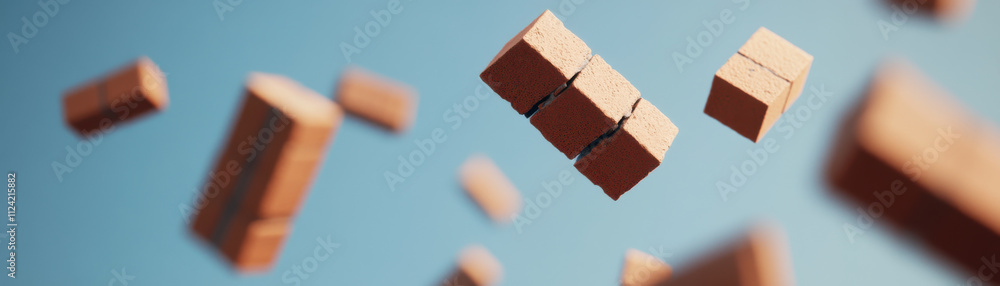 Poster surreal image of bricks floating in sky, creating dreamlike atmosphere. scene evokes sense of wonder