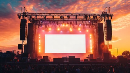 Majestic Stage Concert with blank white screen, sound system and lighting truss at sunset