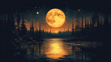 Orange full moon rising over a serene lake and dark forest at night.