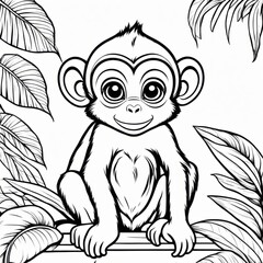 A delightful black-and-white line art illustration of a cute baby monkey sitting on a branch, surrounded by lush jungle leaves. Perfect for coloring, animal-themed designs, and children’s projects.