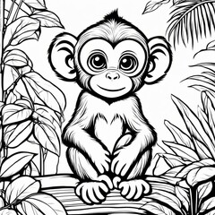 Obraz premium A delightful black-and-white line art illustration of a cute baby monkey sitting on a branch, surrounded by lush jungle leaves. Perfect for coloring, animal-themed designs, and children’s projects.