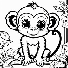 Obraz premium A delightful black-and-white line art illustration of a cute baby monkey sitting on a branch, surrounded by lush jungle leaves. Perfect for coloring, animal-themed designs, and children’s projects.