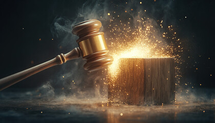 Gavel striking a wooden block with glowing sparks