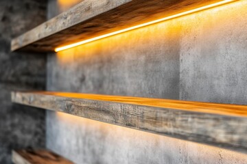 Stylish illuminated shelves featuring a mix of wood and acrylic finishes, enhanced by vibrant LED backlighting.