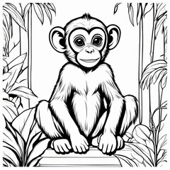 Fototapeta premium A delightful black-and-white line art illustration of a cute baby monkey sitting on a branch, surrounded by lush jungle leaves. Perfect for coloring, animal-themed designs, and children’s projects.