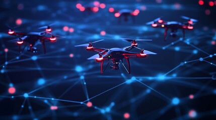 Swarm of drones flying in network.