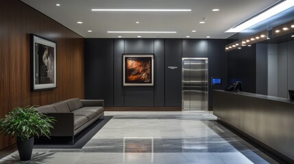 Modern office lobby with seating, artwork, and reception desk.