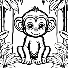 A delightful black-and-white line art illustration of a cute baby monkey sitting on a branch, surrounded by lush jungle leaves. Perfect for coloring, animal-themed designs, and children’s projects.