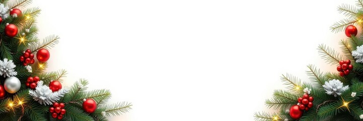 Seamless christmas border with lights, garland, and coniferous branches, branches, Christmas, decoration