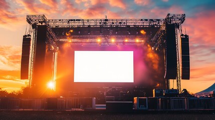 Majestic Stage Concert with blank white screen, sound system and lighting truss at sunset