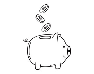 Bank piggy with coins doodle hand drawn icon. Outline drawing coin piggy bank line clipart symbol