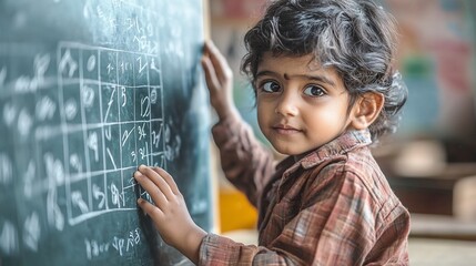 Young child solving math problems on a chalkboard.