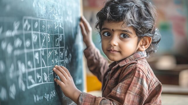 Young child solving math problems on a chalkboard.