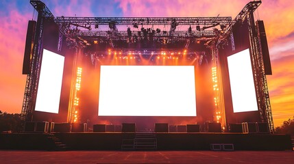 Majestic Stage Concert with blank white screen, sound system and lighting truss at sunset, Mock up Stage Concert Design