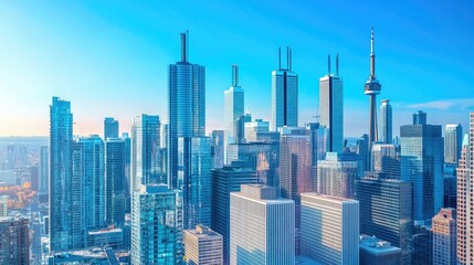 Stunning panoramic view of a modern city skyline on a bright sunny day.