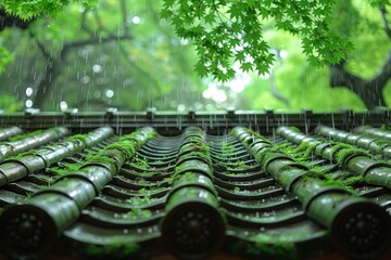 Obraz premium Charming traditional roof amidst vibrant, lush greenery and soft flowing rain in a tranquil setting