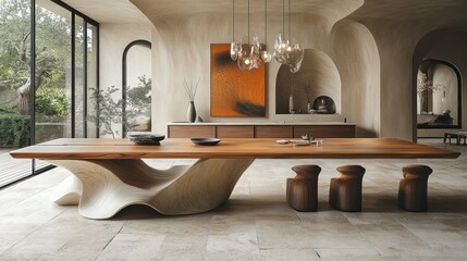 Modern minimalist dining room with sculptural wooden table and organic stools.