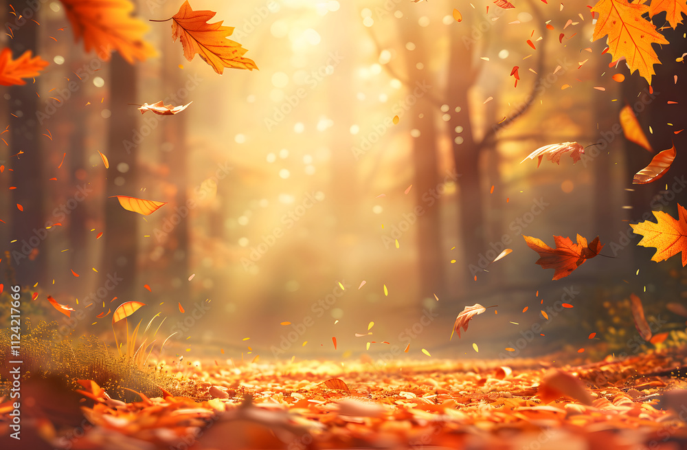 Aufkleber a serene autumn scene with falling leaves and soft sunlight filtering through trees.