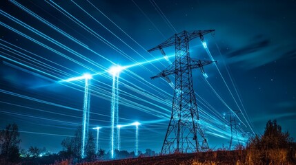 Night scene of electricity pylons and light trails.