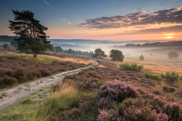 serene moorland stretches towards horizon, bathed in soft morning light. landscape features winding path, lush vegetation, and tranquil atmosphere