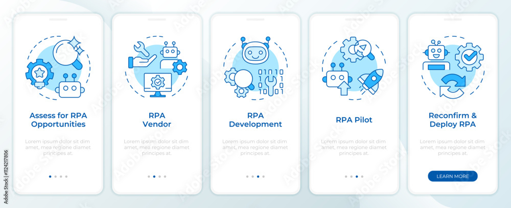 Poster rpa implementation blue onboarding mobile app screen. innovations walkthrough 5 steps editable graph