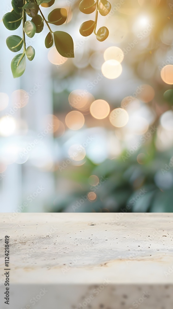 Poster a serene blurred background with greenery and soft bokeh lights, evoking a calm atmosphere.