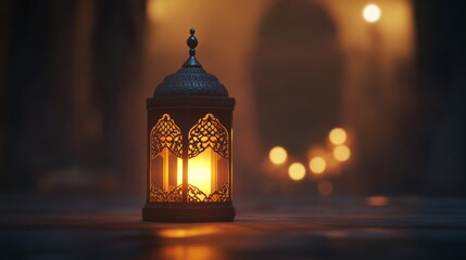 Ornate lantern glowing softly on dark surface, warm background lights.