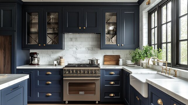 Dark navy blue kitchen with brass hardware, marble backsplash, and stainless steel appliances.