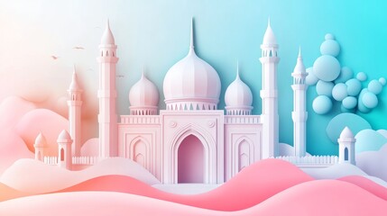 Fototapeta premium Paper art style mosque illustration with pastel colors and clouds.