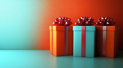 Three colorful gift boxes with shiny bows on a gradient background.