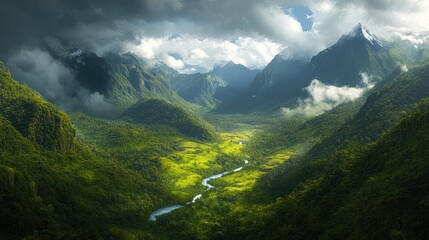 A lush valley with a winding river and distant mountain peaks