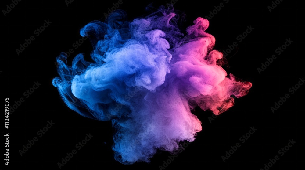 Poster clouds of vivid blue and striking pink smoke blend and twist together in an abstract formation, crea