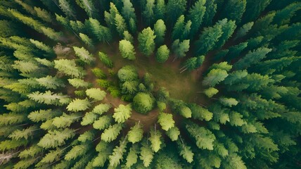 a drone photo of a dense forest with a top-down, aerial green forest ecology