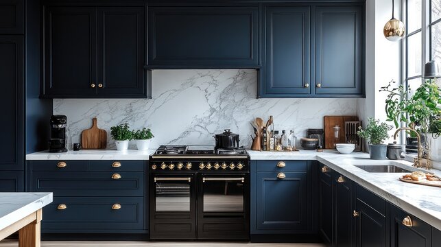 Modern navy blue kitchen with marble backsplash and gold accents.