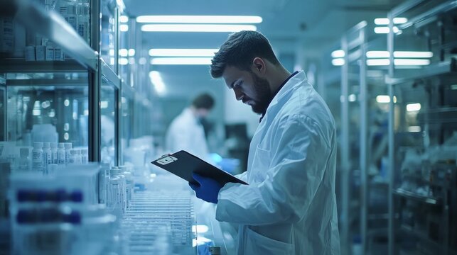 In a bright, sterile laboratory, a focused worker in a white lab coat examines a clipboard filled with important data - Powered by Adobe