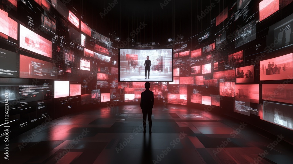 Poster person standing in a virtual reality room surrounded by numerous screens displaying various data and