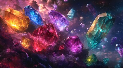 Vibrant crystals float in a cosmic nebula.