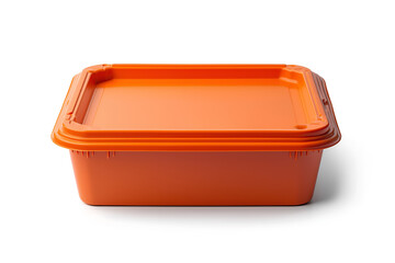 Mock up of a orange food delivery container, isolated on a white background, copy space for text