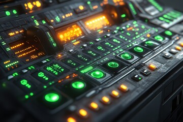 A close-up view of a futuristic control panel with glowing buttons and indicators.