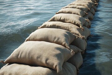 A line of 1 meter sandbags filled with sand is situated by the water s edge