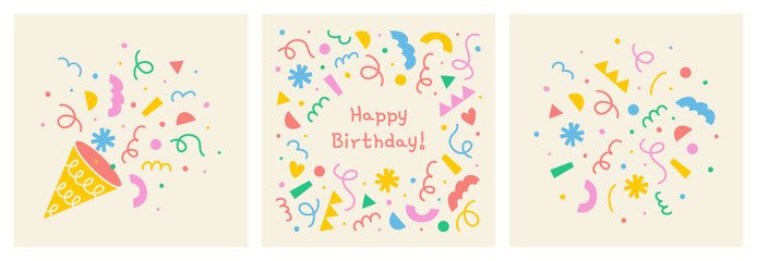 Set of cute happy birthday greeting cards with party popper, colorful geometric shapes frame, confetti explosion on light background, hand drawn illustration, flat style, drawing