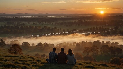 Three people sit on a hilltop overlooking a misty valley at sunrise