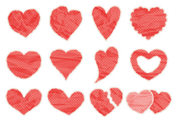 Set of different shaped pink hearts of crumpled paper. Cut color hearts in pop art style with torn edge. Vintage elements with wrinkled paper texture for Valentines Day collage. Vector illustration