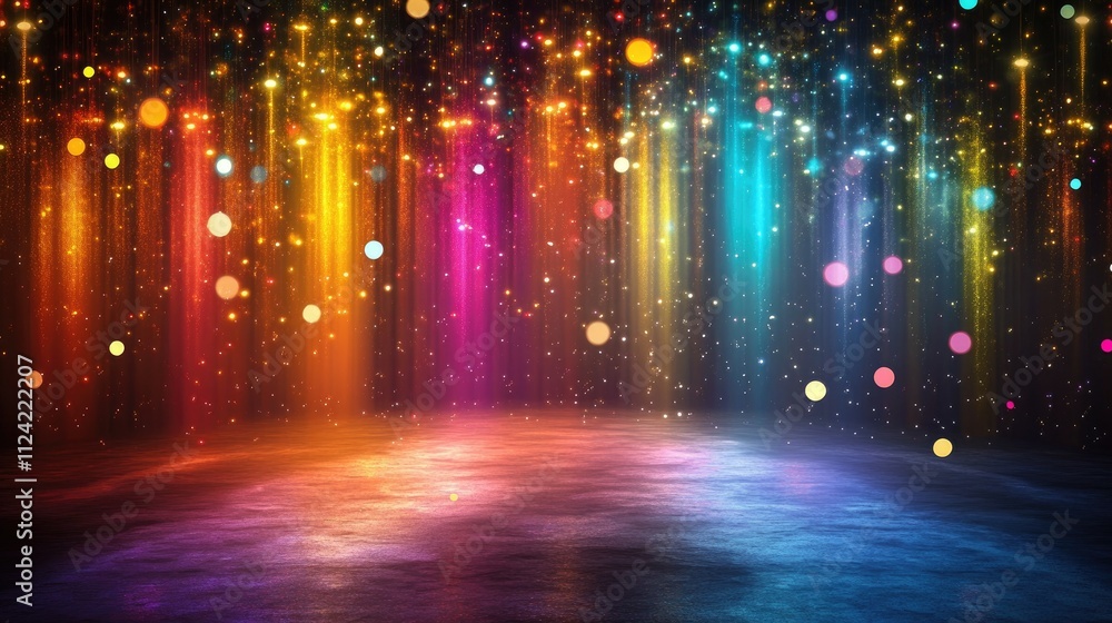Poster dynamic streaks of colored light and glowing sparkles illuminating a dark space with a festive, ener