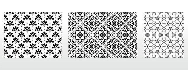 Geometric floral set of seamless patterns. White and black vector backgrounds. Damask graphic ornaments.