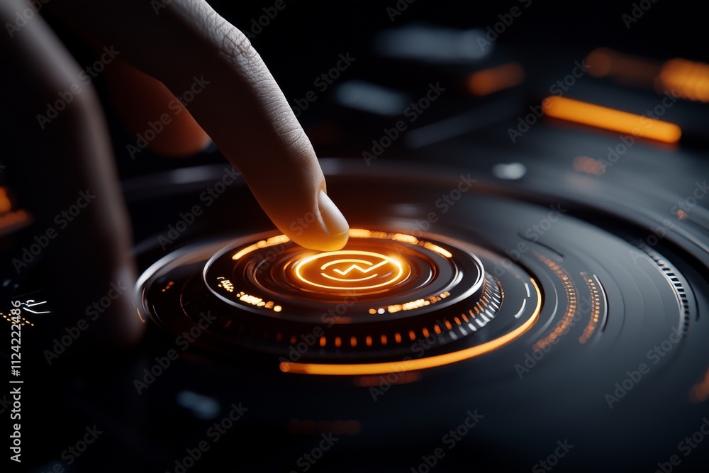 Poster exploring advanced technology with a finger poised over a glowing control panel at a high-tech facil